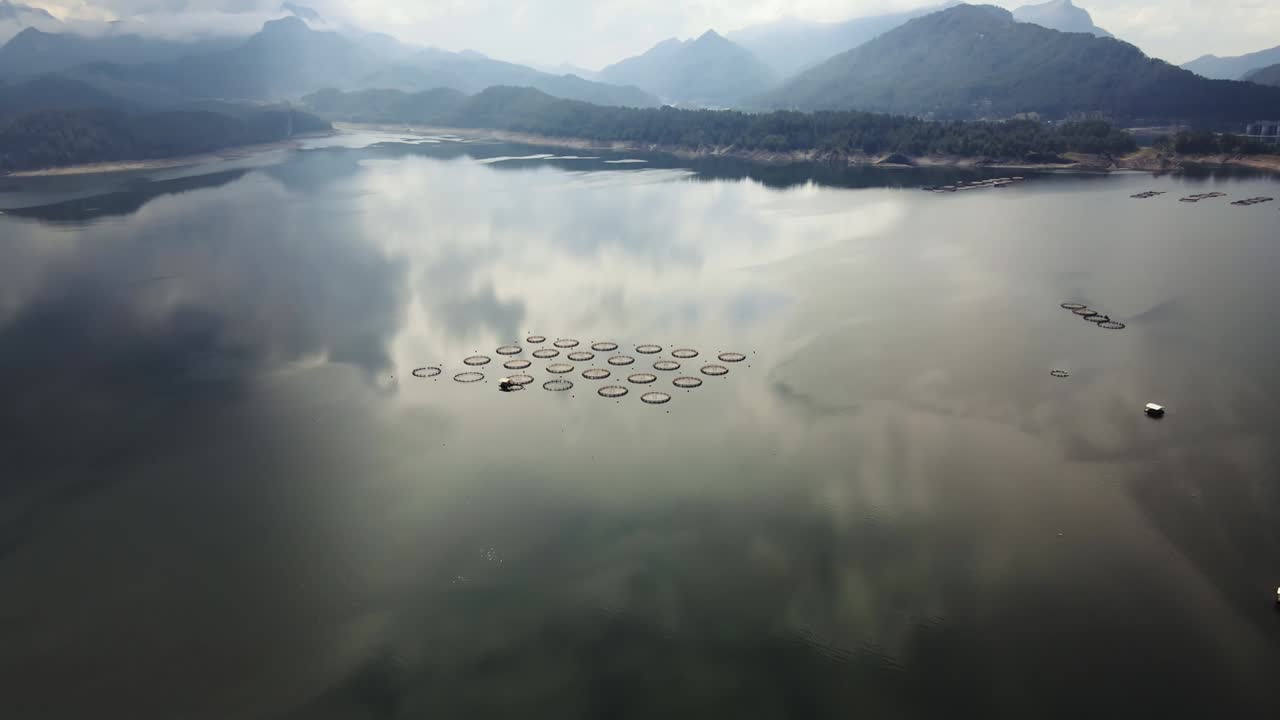케이지 에 많은 물고기 인클로저 를 가진 물고기 농장 위 의 공중 풍경