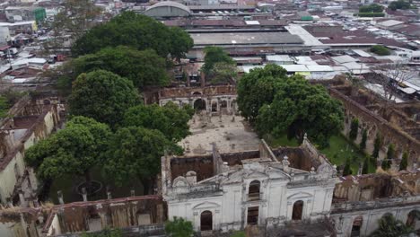 Aerial-view:-Courtyard-of-old-colonial-art-school-ruin,-Santa-Ana,-SLV