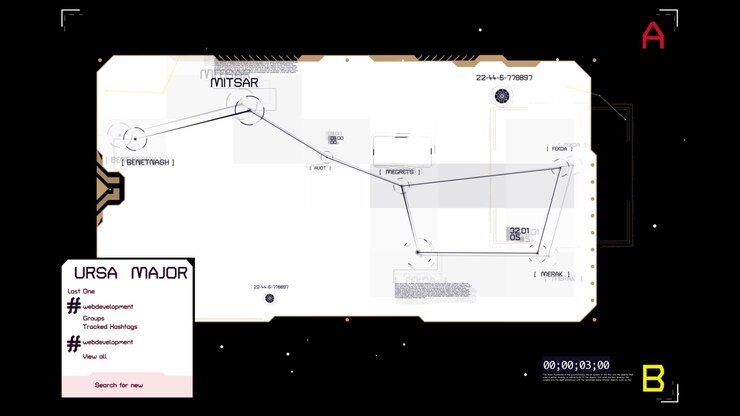 Animeret futuristisk HUD-interface, der viser stjernebilledekort og data