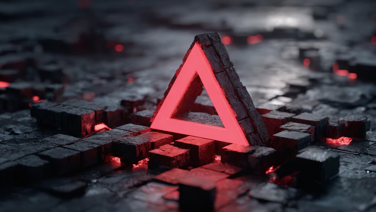 A captivating 3D rendering featuring a glowing red triangular logo set against a dark, textured surface with illuminated cracks, creating an intriguing visual experience