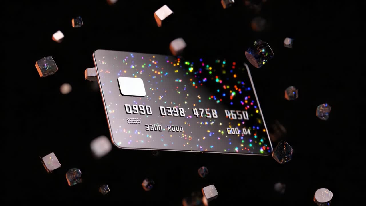 A Captivating Display of a Floating Credit Card Surrounded by Glimmering Crystals and Shimmering Lights, Creating a Mesmerizing Visual Experience in a Dark Background