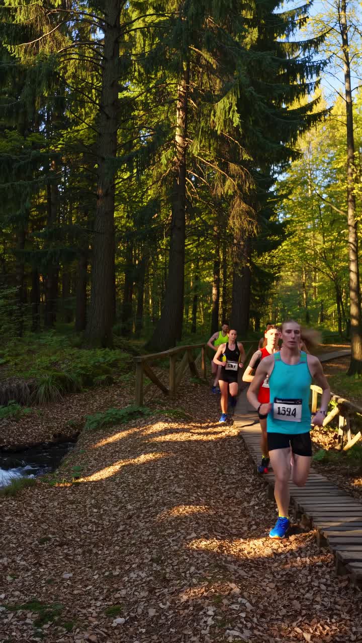 Un'inquadratura dinamica dal basso mostra dei corridori su un sentiero nel bosco, evidenziando il movimento e la natura