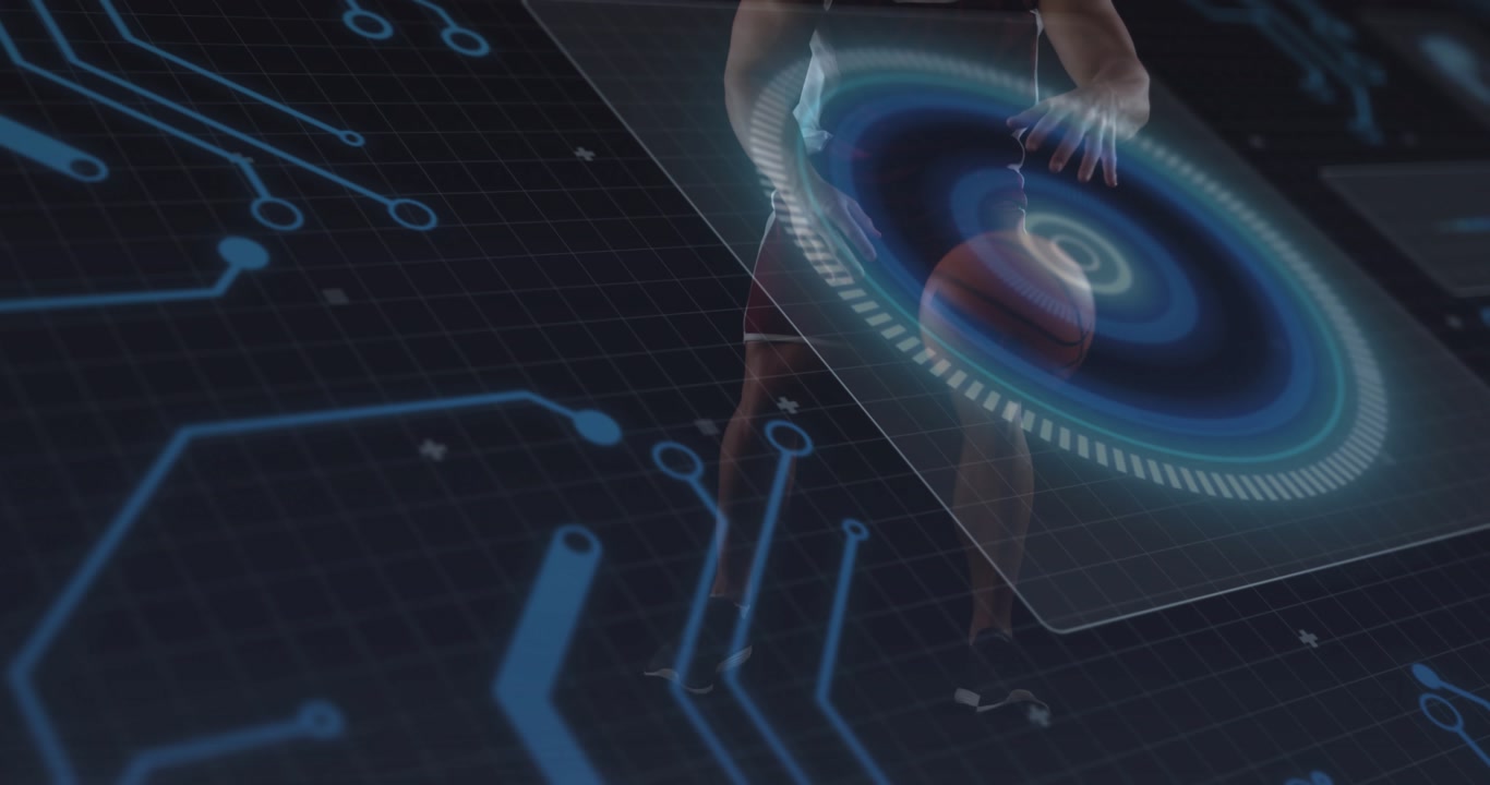 Athlete doing steady dribble on grid floor on holo panel appearance, syncing ball for tech training