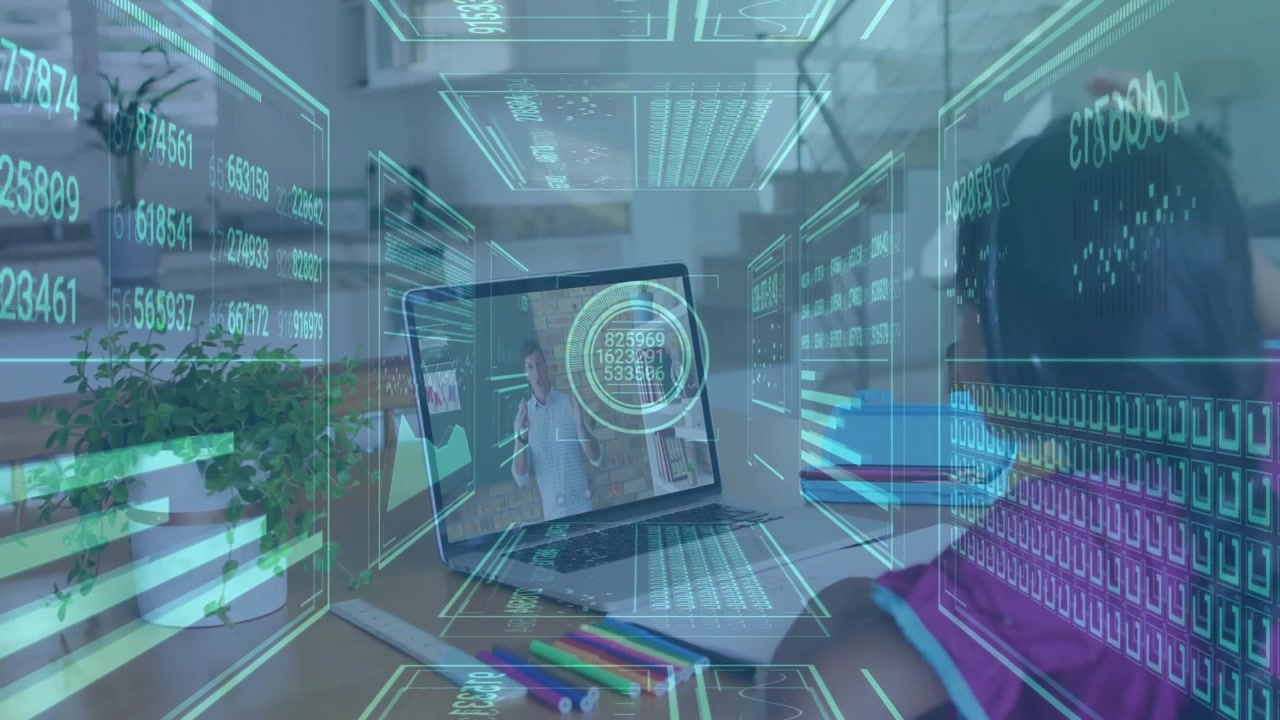 School-aged girl raising hand in laptop call activating 3D education display projecting graphs