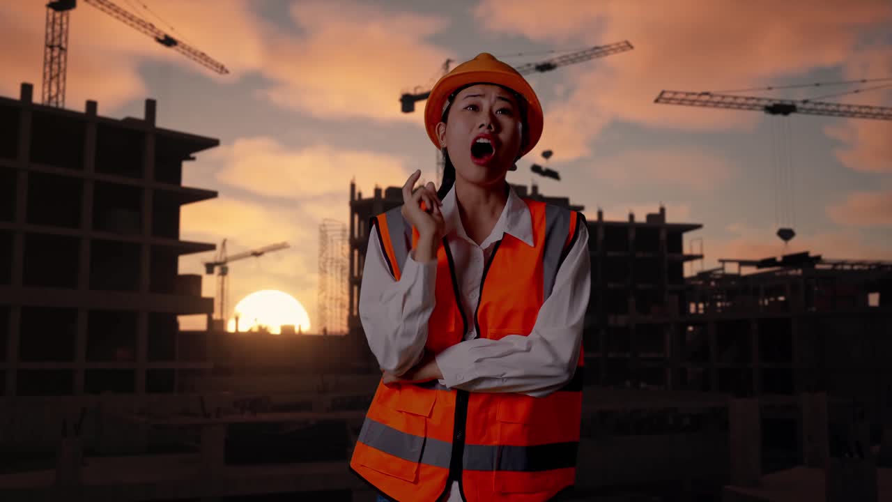 Asian Female Engineer With Safety Helmet Thinking And Looking Around Then Raising Her Index Finger While Standing At Construction Site in Progress to New House