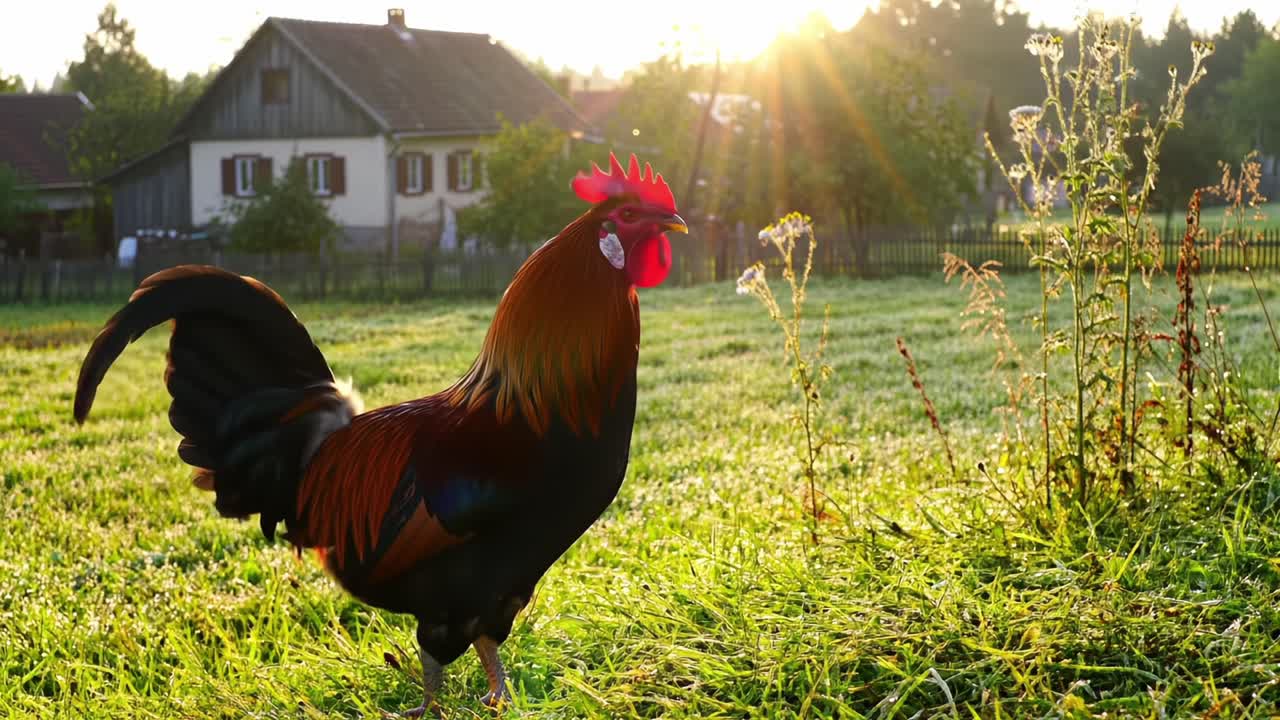 A Vibrant Rooster Struts Through the Morning Dew as Sunrise Illuminates a Picturesque Countryside Landscape with Quaint Farmhouse