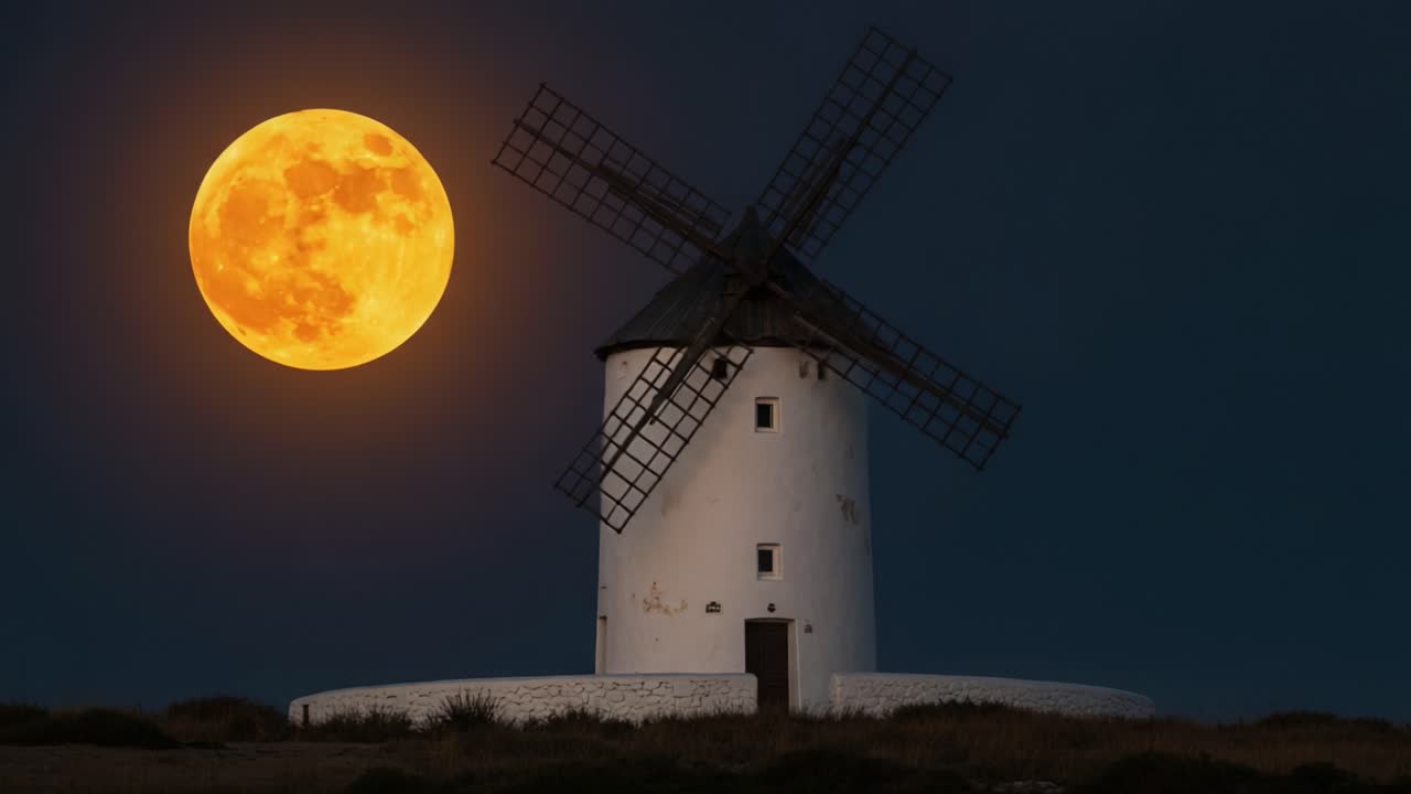 A Majestic Windmill Under a Glowing Full Moon: A Breathtaking Nighttime Scene Capturing the Beauty of Nature and Historic Architecture in Perfect Harmony