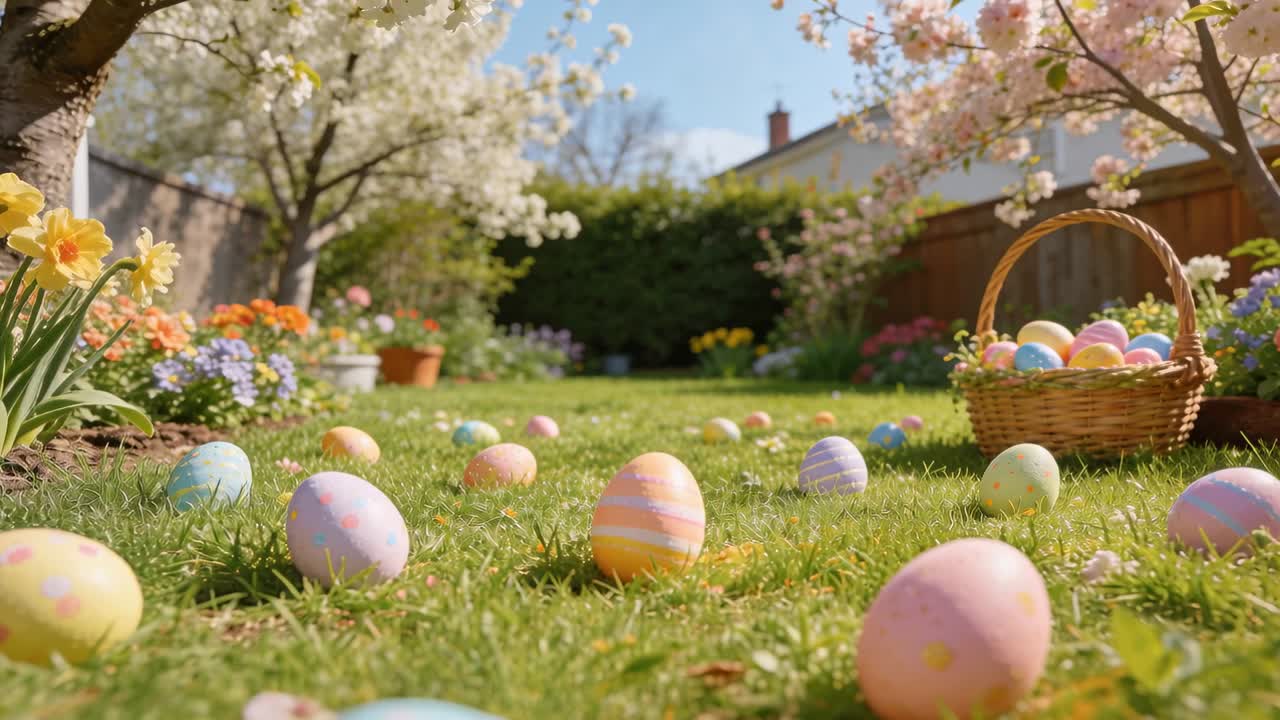 Pulling back, low-angle camera revealing pastel eggs on garden lawn, showing basket for Easter