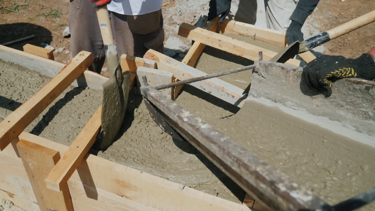 trabajar con hormigón en el sitio de construcción los trabajadores toman hormigón en un molde de madera manual pesado la