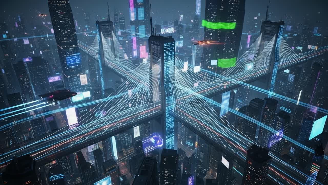 Aerial View of a Futuristic Cityscape Interconnected by Vibrant Bridges and High-Tech Transportation Networks Bathed in Neon Lights