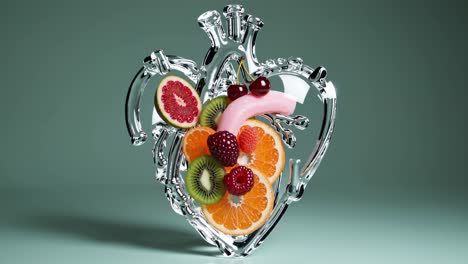 glass heart shaped art with fruits