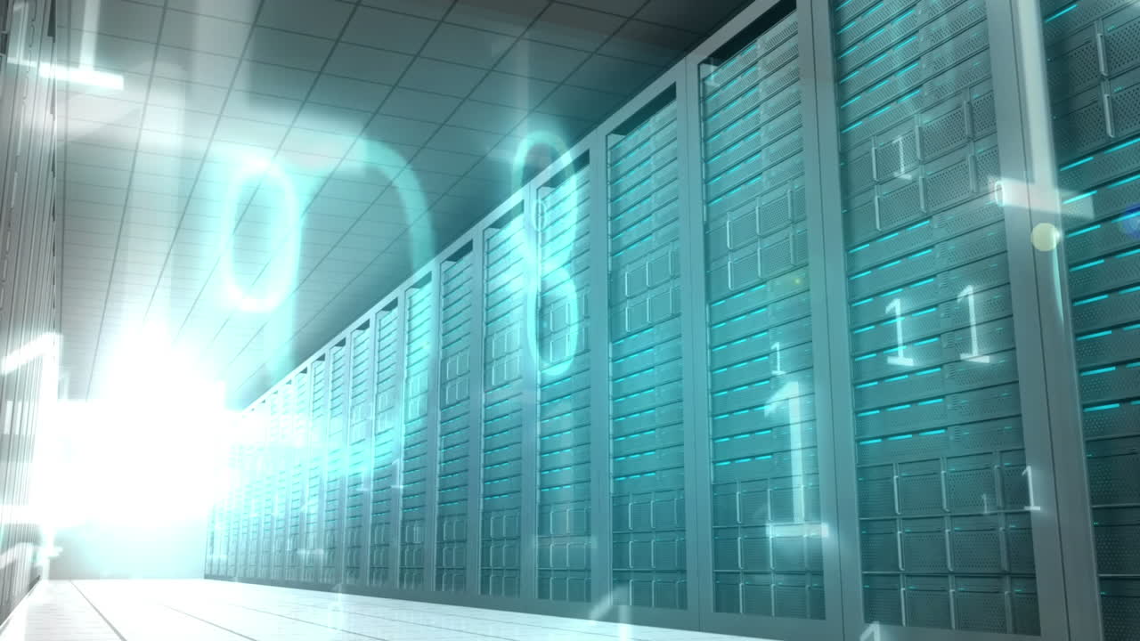 animación de codificación binaria, procesamiento de datos digitales a través de servidores informáticos sobre fondo azul