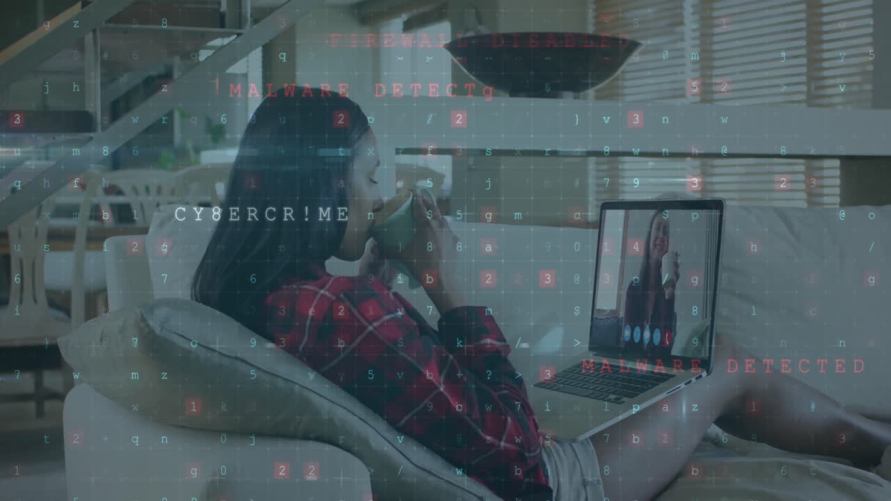 Animation of scanning, cyber crime over biracial woman having video call on laptop