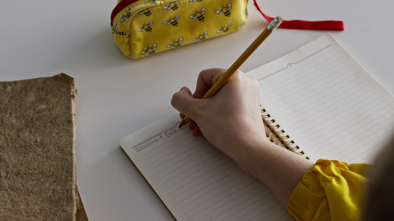 Una studentessa prende appunti su un quaderno a righe a una scrivania pulita, tenendo una matita in un ambiente di studio calmo e concentrato.