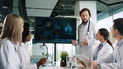 multiethnic doctors team discussing covid lung disease while they observing digital display screen in hospital office