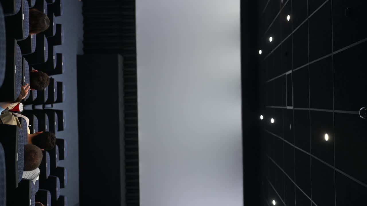 People sitting in the auditorium of a cinema waiting for the movie to start. Vertical