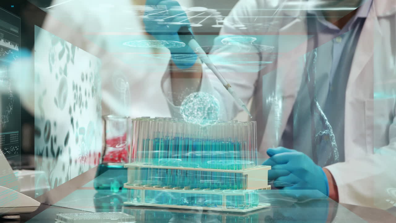 In lab, scientists using animation with holographic brain and test tubes