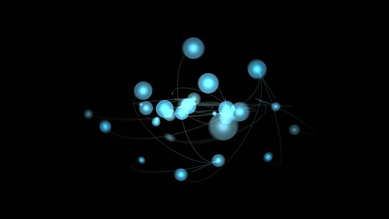 Light blue atoms spin and orbit in chaotic science technology overlay in black space