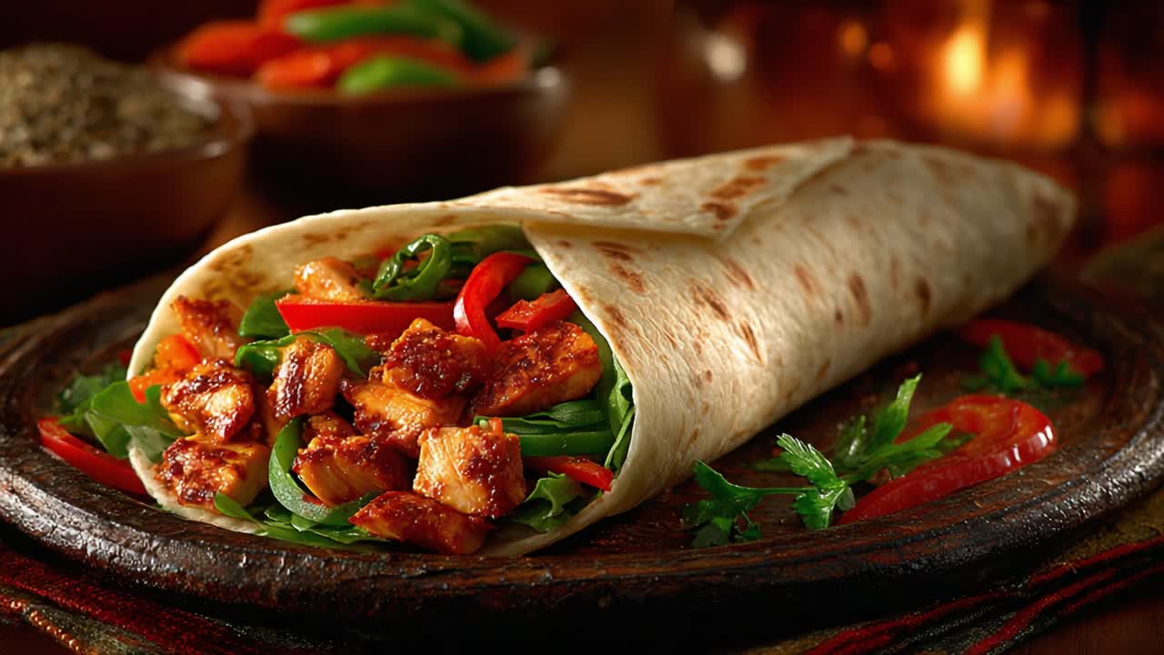 Delicious Chicken Wrap: A Tasty Embrace of Grilled Chicken, Fresh Vegetables, and Flavorful Tortilla in a Mouthwatering Presentation
