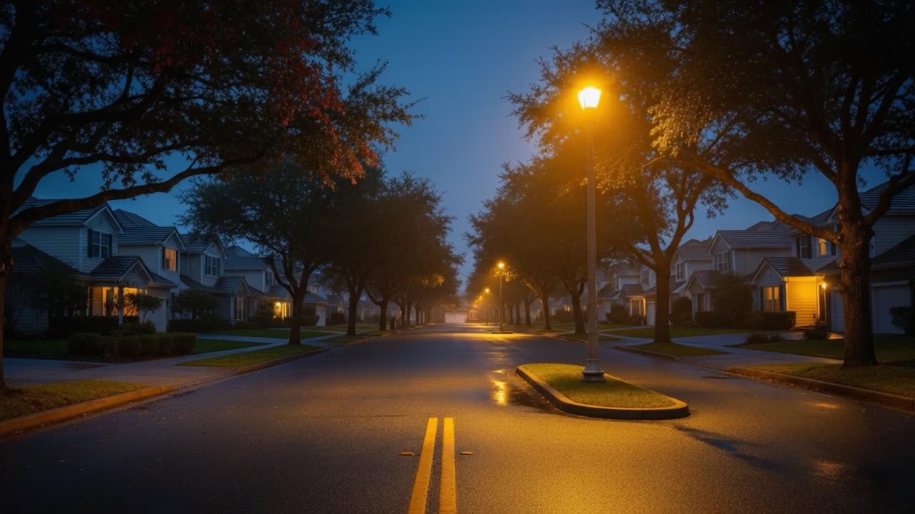 A Serene Night in a Suburban Neighborhood: Glistening Pavement Under Streetlights Lighting the Empty Road Surrounded by Tranquil Homes and Trees