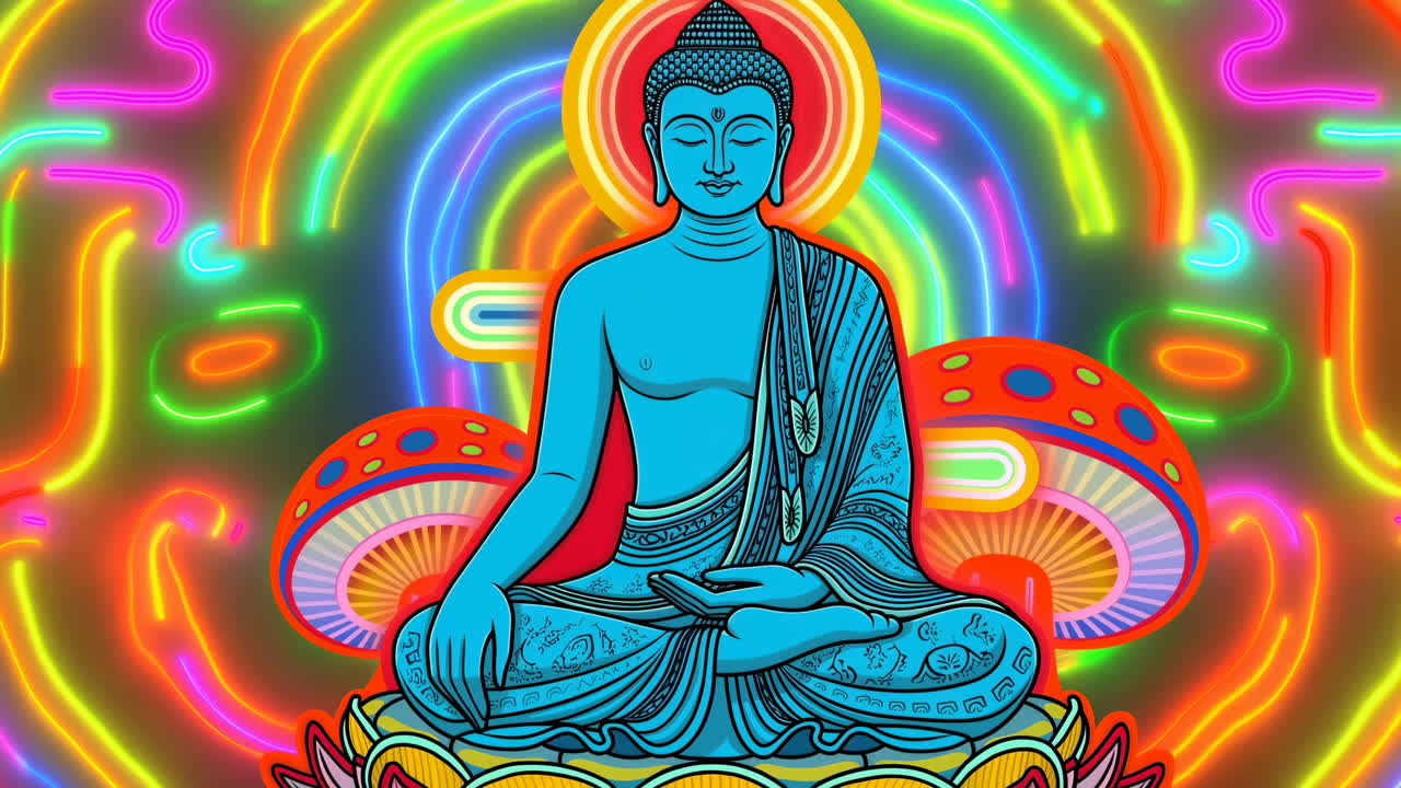 Meditazione psichedelica di Buddha con bagliore neon colorato