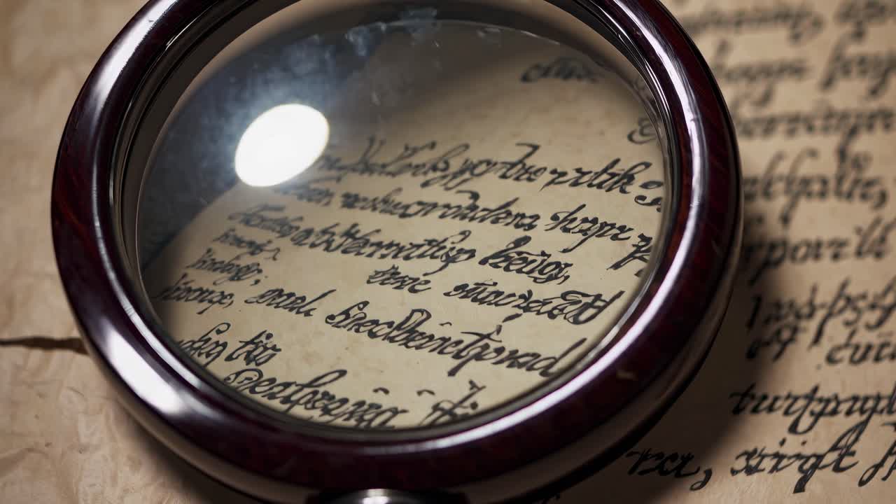 Close-up video shot of a vintage magnifying glass on aged parchment with cursive script
