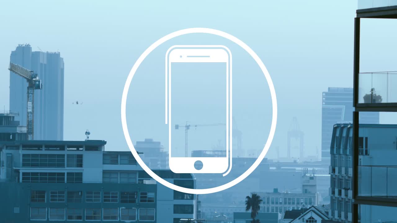 Animasjon av smarttelefonikon mot luftfoto av bybilde
