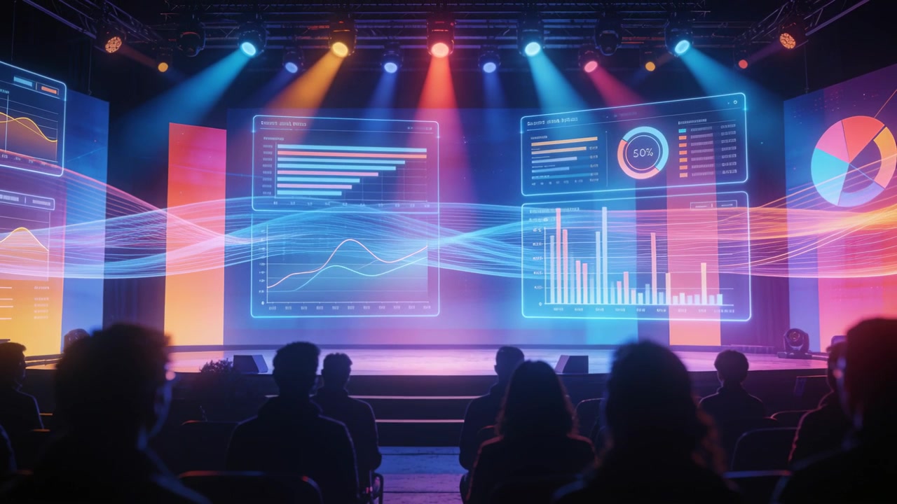 Responding to final slide, shadowed audience standing and clapping in auditorium, with data panels