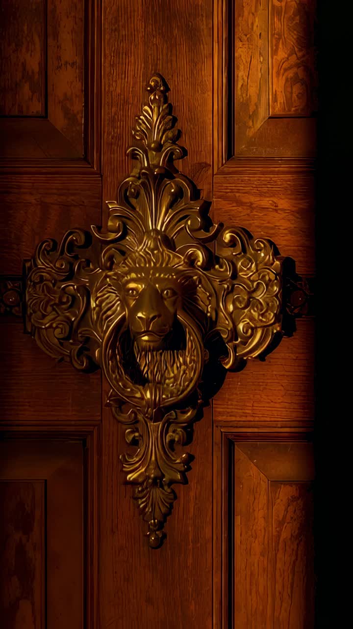 Vertical video: Zooming camera revealing lion head knocker and ornate plate on door, to show detail