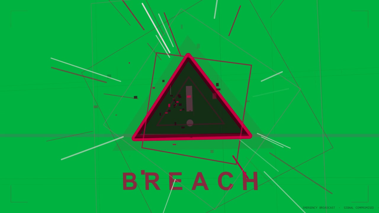 Triangolo magenta che reagisce a una scansione, pulsando e irradiando, formando la parola BREACH su uno strato trasparente.