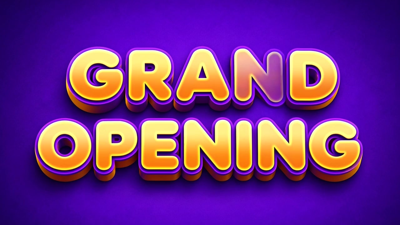 Golden Grand Opening three dimensional text featured on luminous purple promotional background