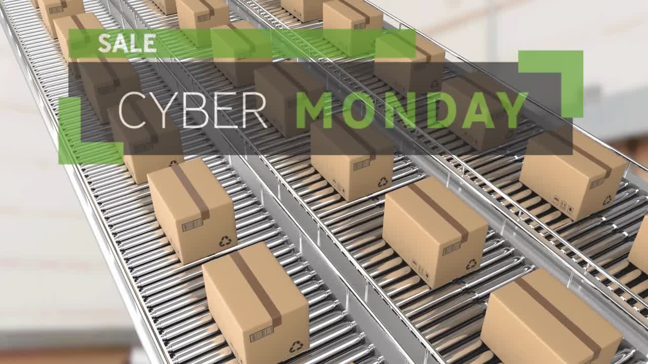 анимация продажи кибер-понедельника над картонными коробками на конвейерных лентах