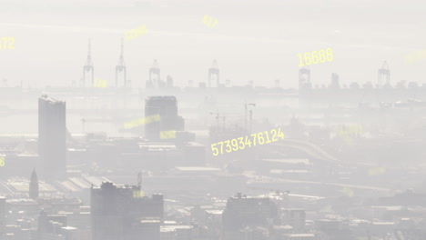 animación de múltiples números cambiantes flotando contra la vista aérea del paisaje urbano