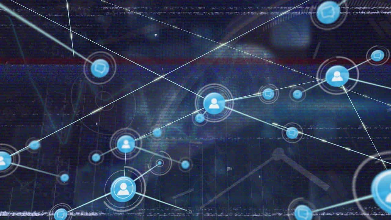 Animation of network of digital icons and statistical data processing against blue background