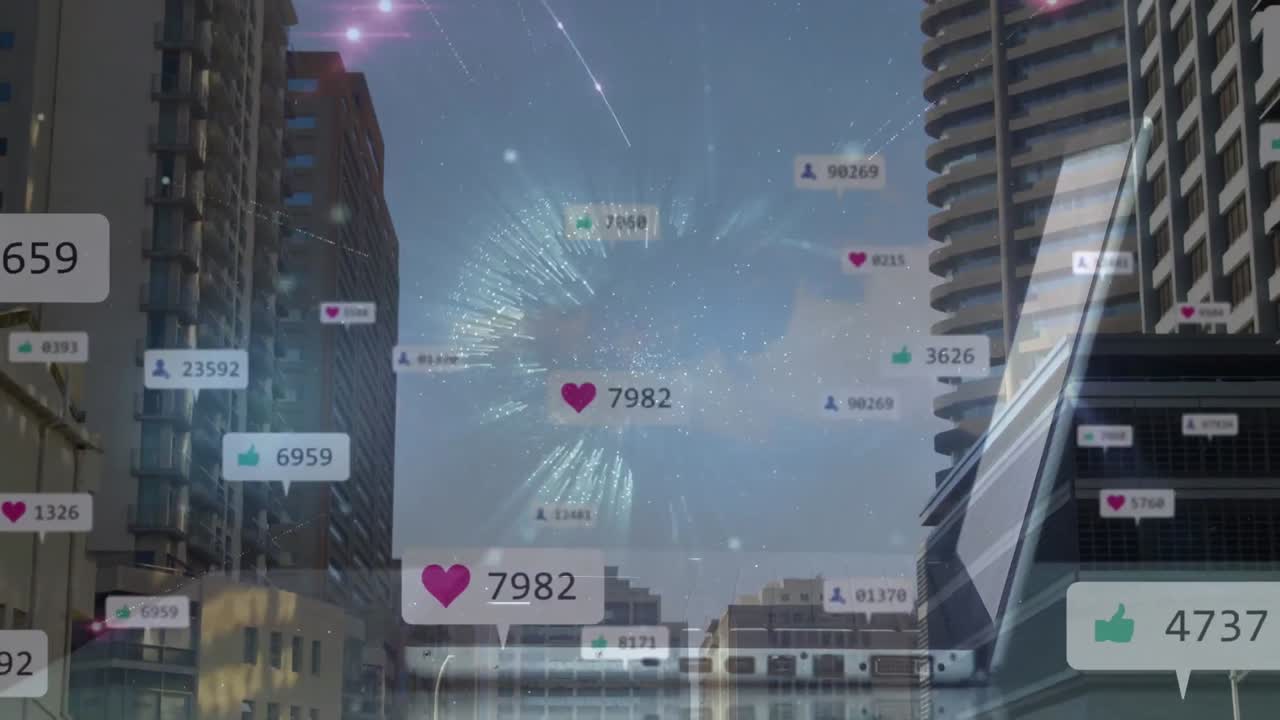 노트북과 도시 풍경을 사용하는 여성의 소셜 미디어 아이콘과 지구촌의 애니메이션