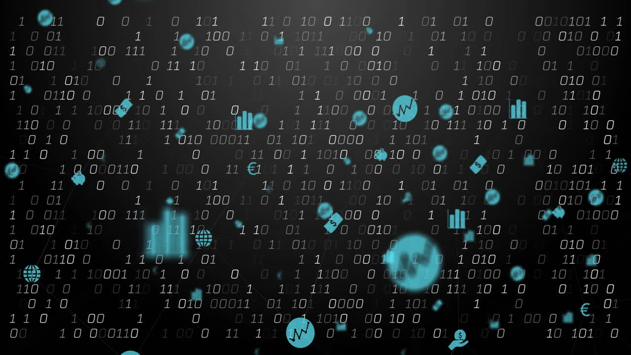 animación de la red de conexiones con iconos sobre codificación binaria