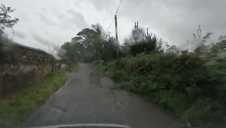 Rainy-drive-through-a-lush-countryside-road-with-droplets-on-the-windshield,-overcast-skies