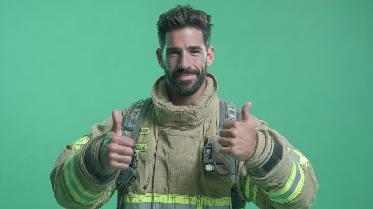 A Confident Firefighter Poses with Thumbs Up Gesture Against a Bright Green Background, Showcasing Team Spirit and Readiness for Action in Fire Safety
