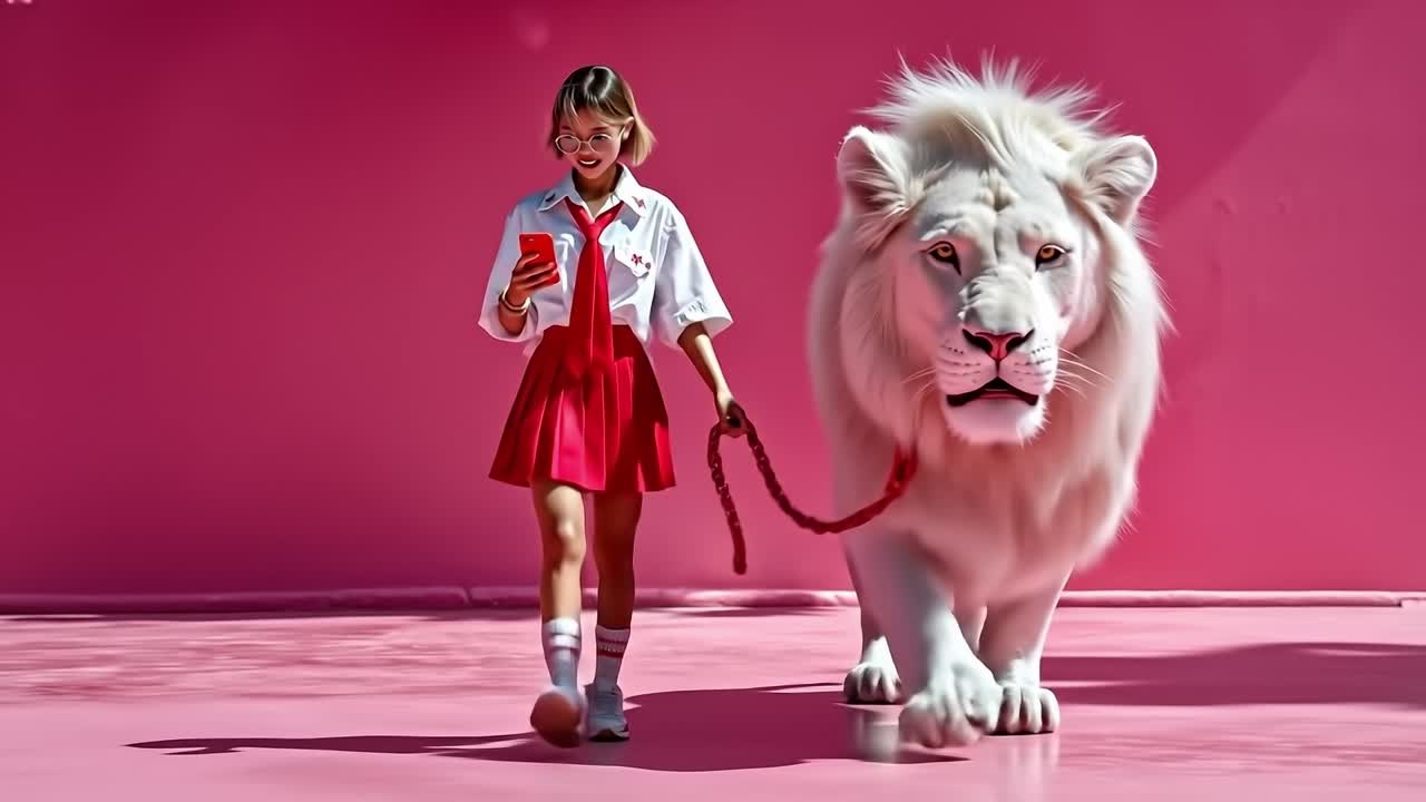 A woman walking a white lion on a leash