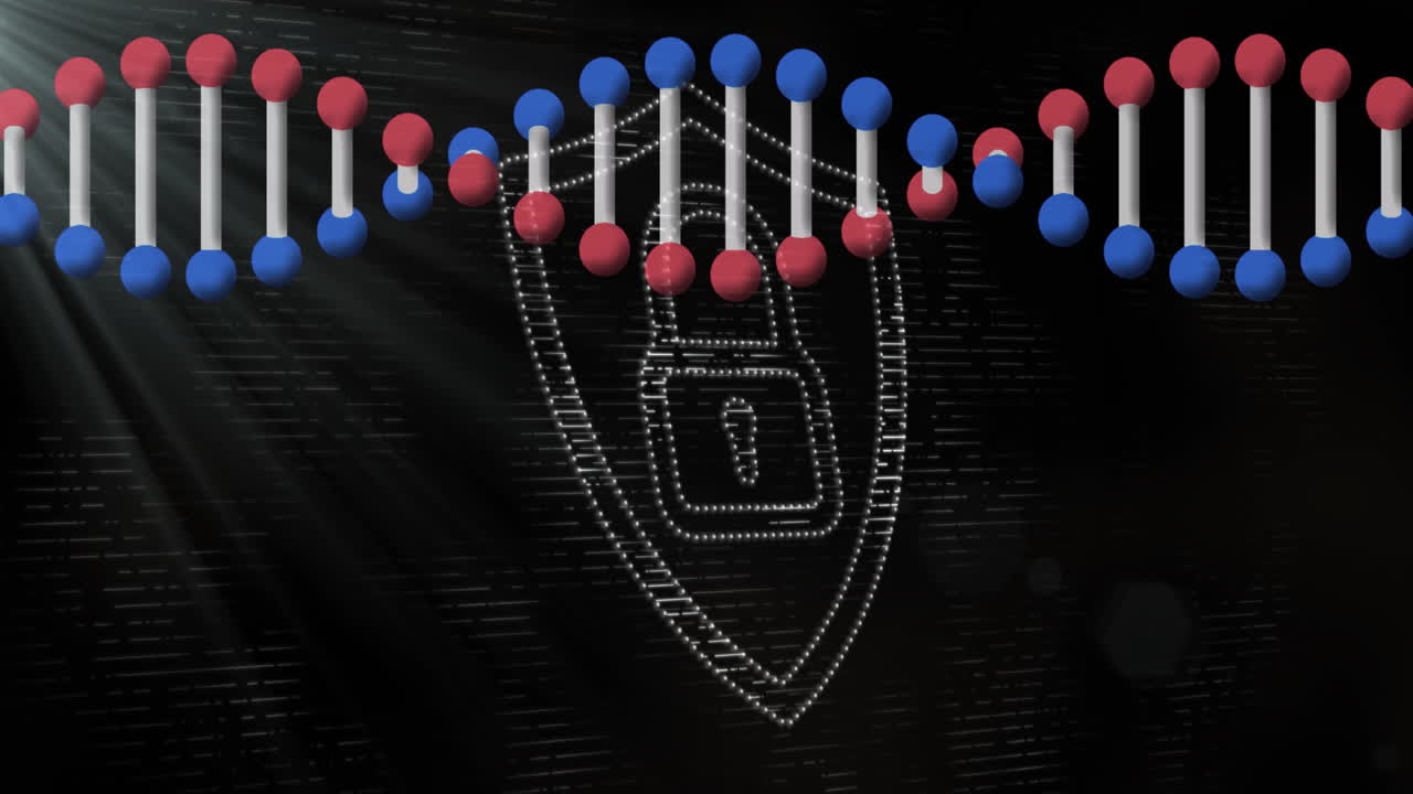 회전하는 3차원 dna 가닥의 애니메이션,  ⁇  점  ⁇ 락 기호, 검은색에 빛이 있습니다.