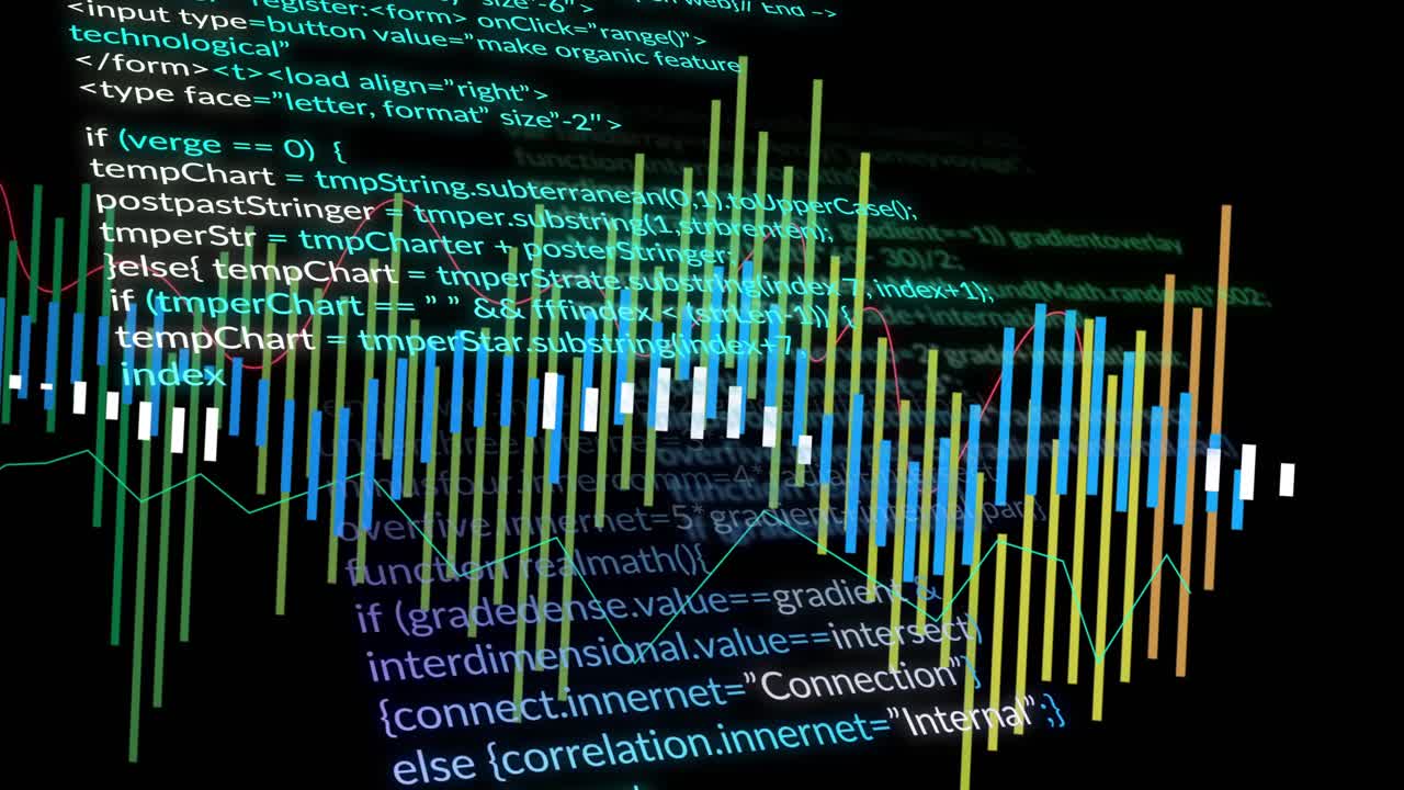 Starting dark background showing code, waveform pulsing, code scrolling, overlay flashing, looping