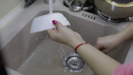 Mujer-Lavando-Platos-En-La-Cocina.-Primer-Plano-De-La-Mano-De-Una-Mujer