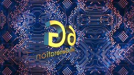 animación digital de un banner de texto de 6g girando contra las conexiones del microprocesador en fondo azul