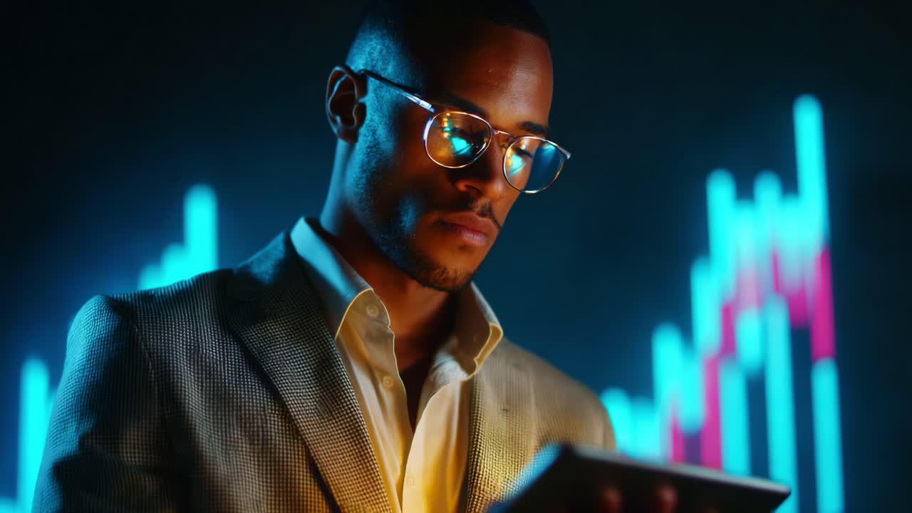 Focused Business Professional Analyzing Data Trends on a Tablet Device Amidst Dynamic Visual Graph Representations in a Contemporary Setting