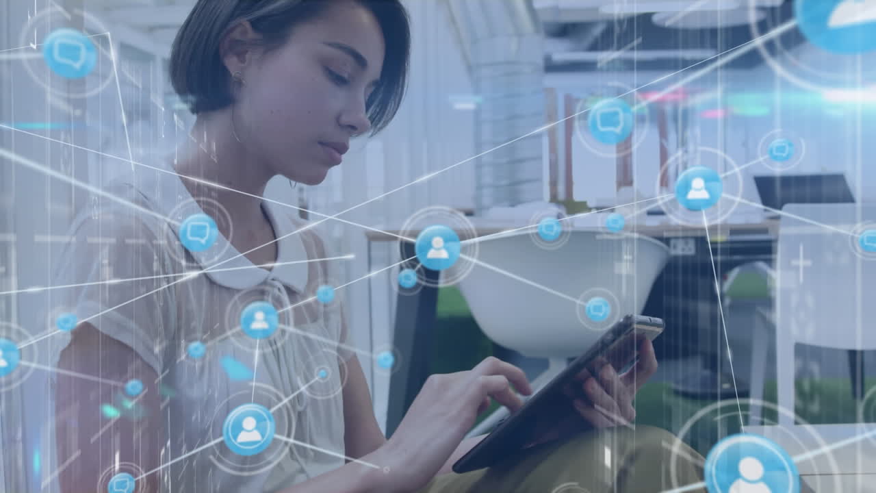 Animation of network of digital icons over woman using tablet