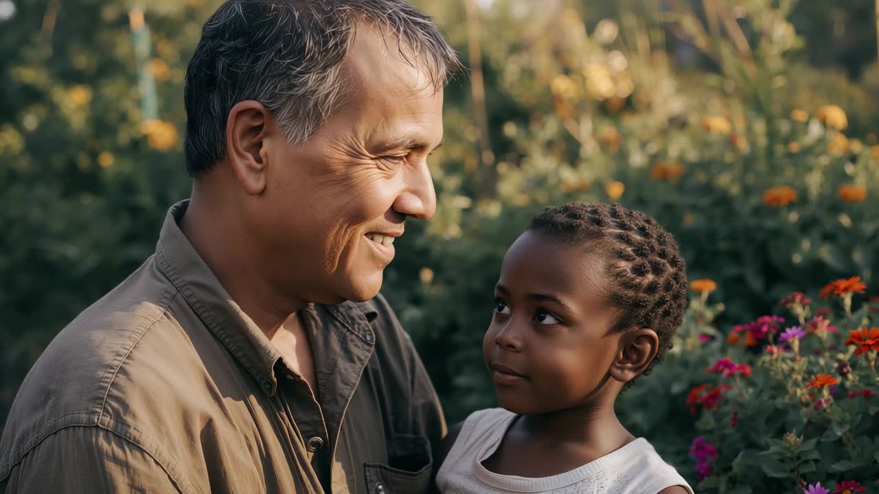 Smiling man cradling child while responding to child's gaze and showing care in garden with flowers