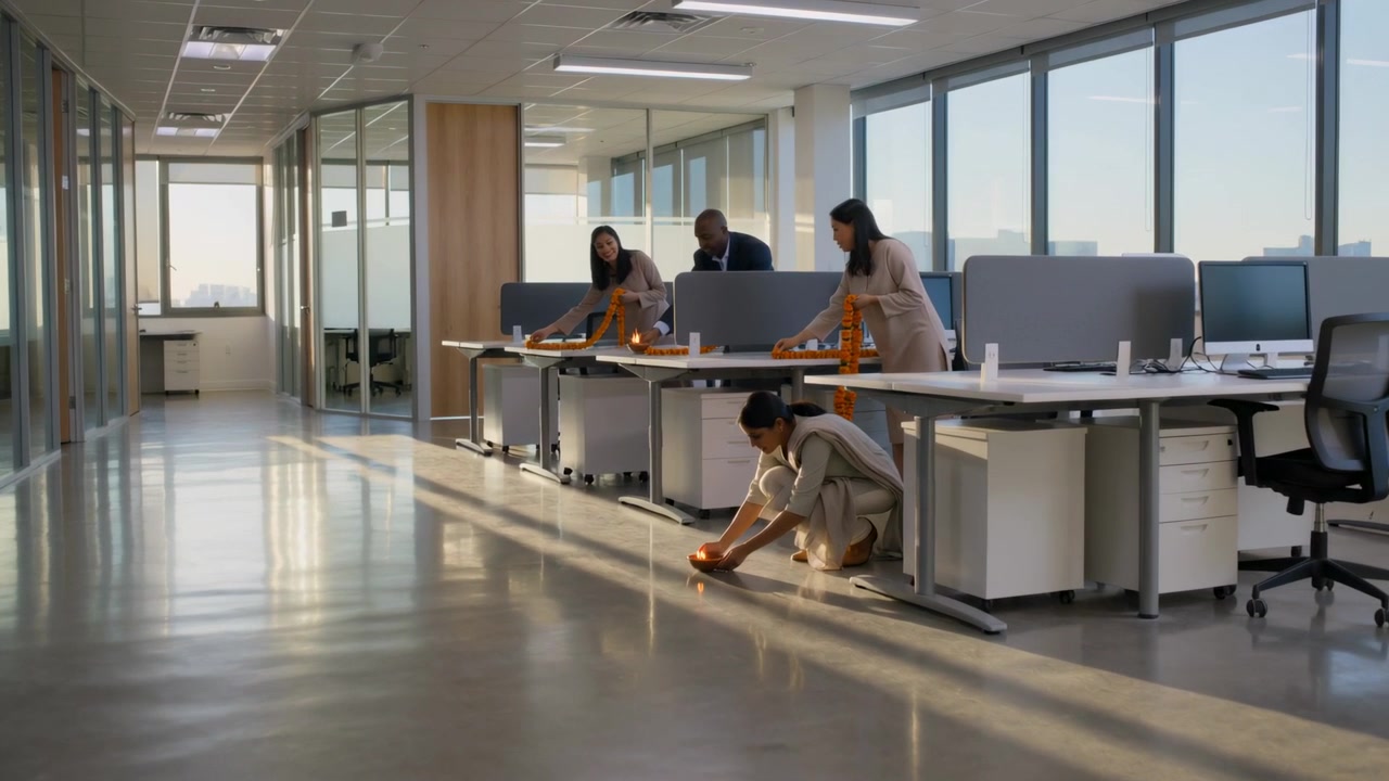 Testing kneeling worker releasing orange car, team in suits assembling track at office, copy space