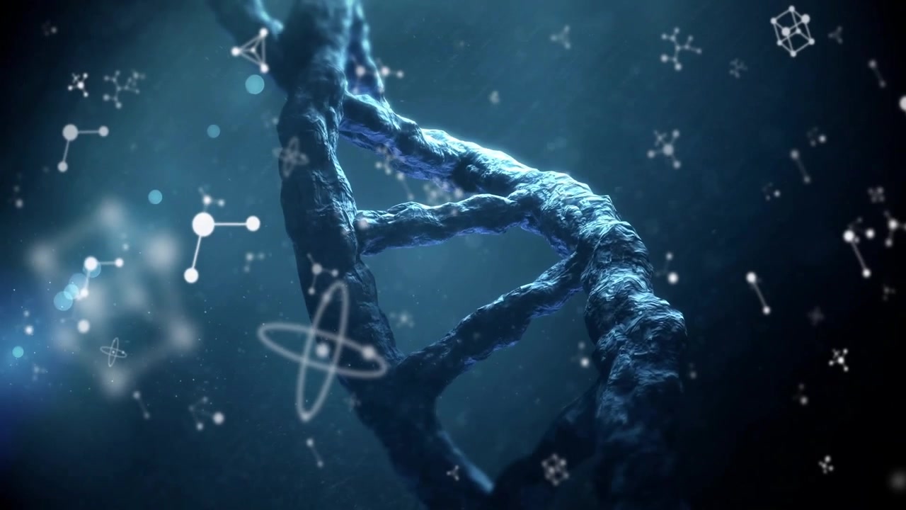 Sotto i riflettori, elica di DNA 3D che ruota, la telecamera si avvicina, rivelando texture e icone di molecole.