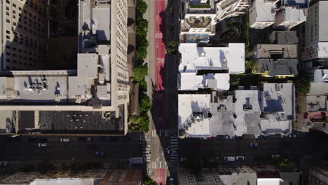 san francisco usa, top down aerial view of downtown street traffic and buildings rooftops