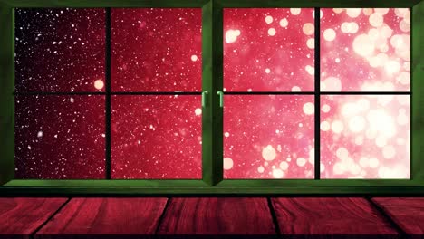 Animation-of-window-frame-with-christmas-snow-falling-and-white-lights-on-red-background